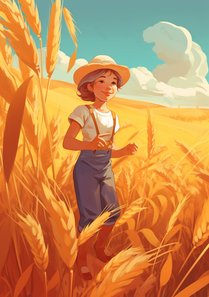牛仔女生节气芒种秋天麦穗插画背景,插画/手绘图,插画/手绘图库,插画/手绘图下载,插画/手绘